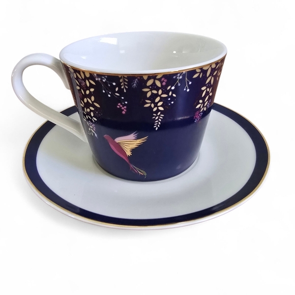 Portmeirion Other - Portmeirion Sara Miller Chelsea Navy Teacup & Saucer 8oz Gold Hummingbird